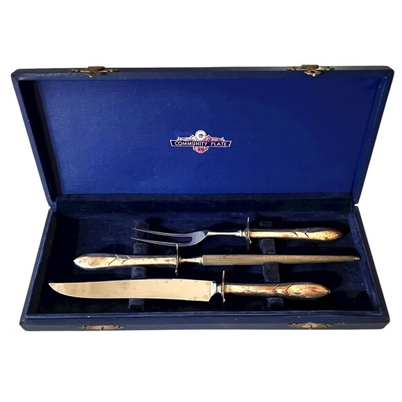 Vintage Community Plate Meat Carving Set Silver Plated Knife Fork Sharpener Box - Picture 1 of 7